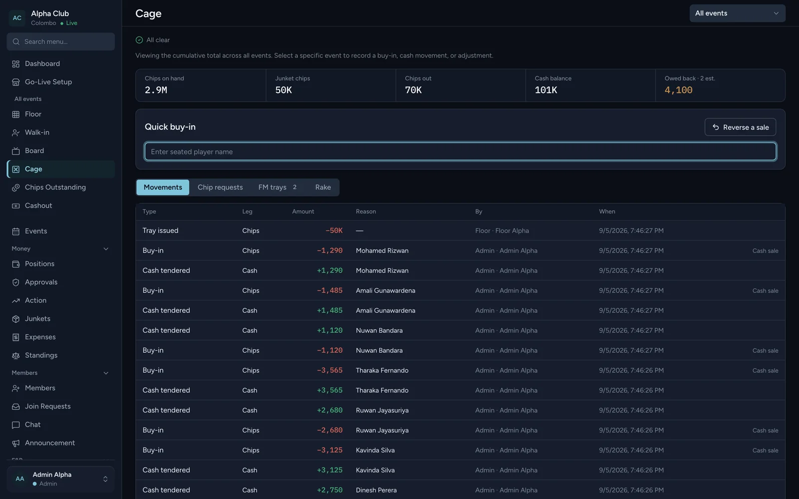 Cage: chips on hand, cash balance, and the movement log