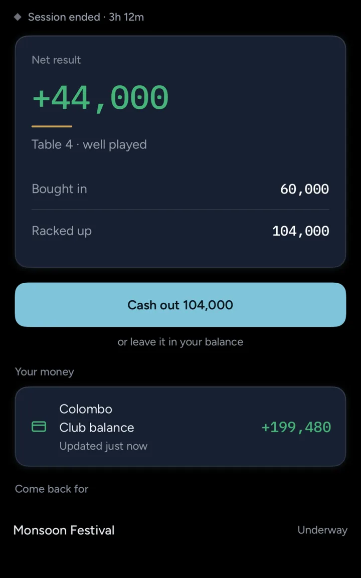 Session ended: net result, bought in, racked up, cash out