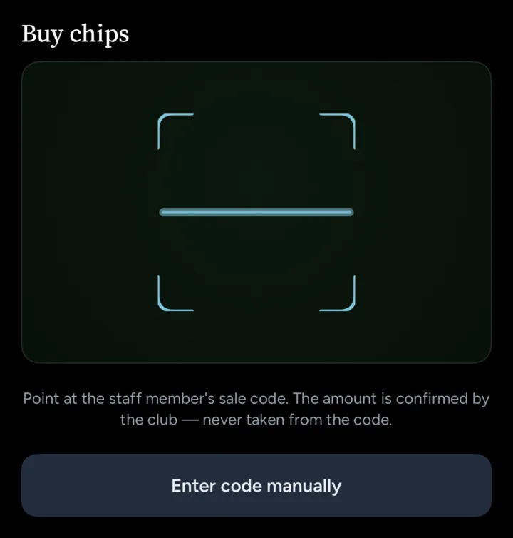 Buy chips: point at the staff member’s sale code